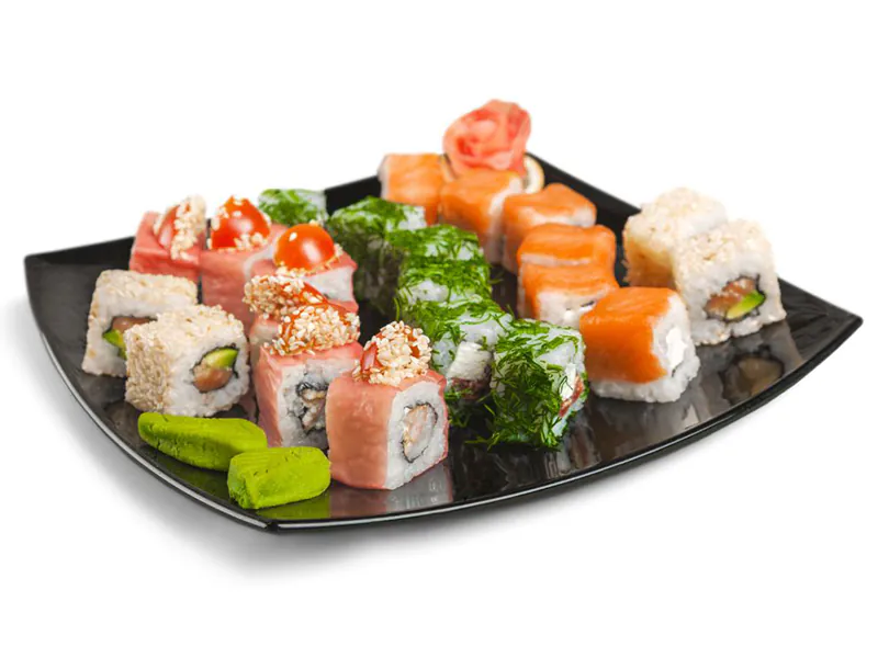 Colorful mixed maki platter with assorted toppings and fillings at Sushi Feast AYCE, a Japanese Restaurant in Ocala